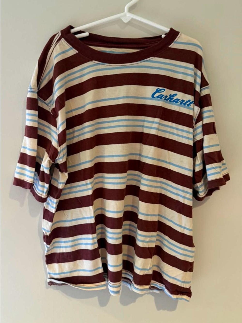 Carhartt Striped Crewneck Tee in Maroon, Cream and Light Blue